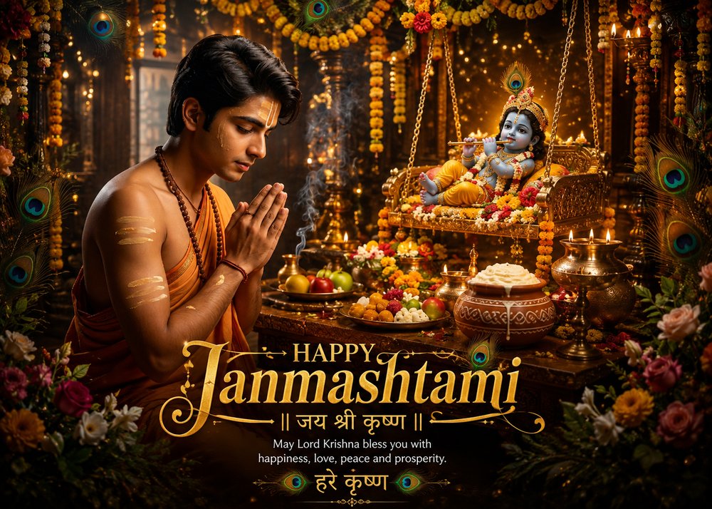 Man praying before a decorated Krishna idol on a swing, Happy Janmashtami temple edit